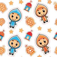 Cartoon characters and religious motifs, seamless pattern vector