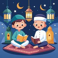 Two happy boys reading books together under hanging lanterns at night. vector