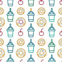 Seamless pattern of donuts, cherries, and drinks in a vibrant color palette. vector