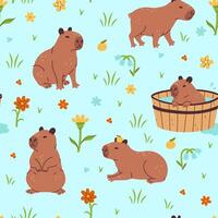 Seamless pattern with cute capybaras and flowers. graphics. vector
