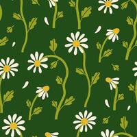 Simple seamless pattern with daisies on a dark green background. graphics. vector