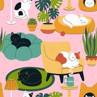 Seamless pattern with cute cats in the interior. graphics vector