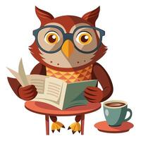 Studious owl enjoying a coffee break with newspaper vector