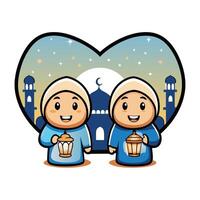 Two children in prayer clothes hold lanterns in front of a mosque at night vector