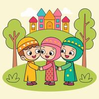 Three children in traditional clothes greet each other in a park-like setting with colorful buildings in the background vector