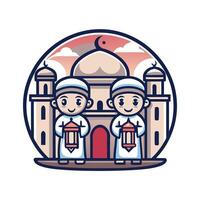 Two children holding lanterns in front of a mosque vector