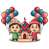 Two happy children with balloons in front of a mosque vector