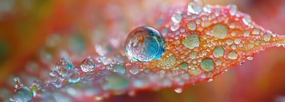 Close-up of a Dewdrop on a Red Leaf with Small Bubbles photo