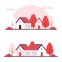 two houses with trees and a sun in the background vector