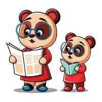 two cartoon panda bears reading a book vector