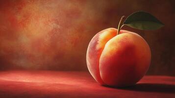 A Single Peach with a Green Leaf on a Red Background photo