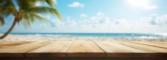 Wooden Tabletop with Blurry Beach and Palm Tree Background photo