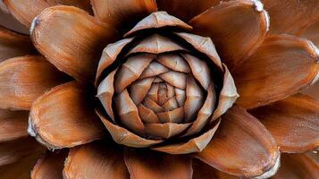 Intricate macro view of a pine cone illuminated by soft forest light in natural earthy tones photo