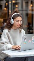 Young software developer coding at a co-working space with colorful stickers on laptop photo