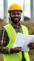 Engineer reviews blueprints near wind turbines on a sunny day in a grassy field photo