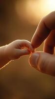 Newborn baby holding parent's finger in warm lighting with soft focus and delicate atmosphere photo