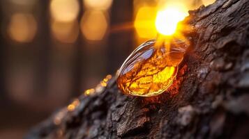 Glistening amber sap droplet on tree bark illuminated by soft sunlight in a serene forest setting photo