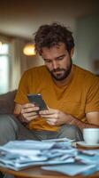 Young man works from home with documents and coffee while using mobile phone in a cozy living room setting photo