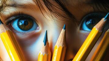 Close-up of a child's eyes with pencils photo
