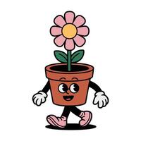 Retro groovy cartoon flower pot character walking with happy expression vector