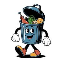 Cheerful retro cartoon character walking trash can full of colorful items in playful whimsical style vector