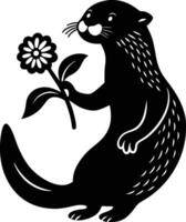 Whimsical Otter Holding a Flower Silhouette Illustration vector