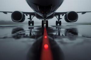 Jet nose reflected on a rain-soaked runway with monochrome tones and a red navigation light accent photo