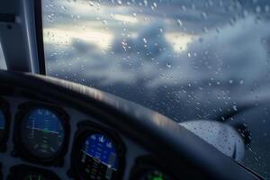 Jet cockpit view reveals storm clouds with raindrops on glass and glowing dashboard instruments during flight photo