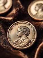 Detailed view of custom engraved five-cent coins arranged on soft velvet cloth with warm light accentuating texture photo