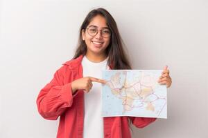 Young South Asian meteorologist enthusiastically points at a weather map for an informative presentation photo