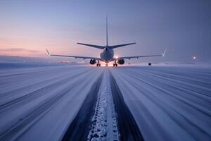 Frost-dusted jet on a snow-blanketed runway with amber light from lone ground crew lamp photo