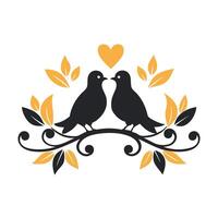 Black-and-White Silhouette of Two Doves Perched on a Branch vector