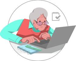 An elderly individual is focused on a laptop, and a reading image represents seniors' engagement and adaptability in the digital age, showcasing their efforts in organization and productivity. vector