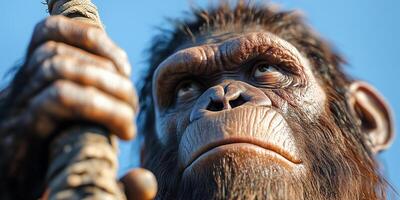Neanderthal exploring the wild with a focus on survival in an ultra realistic setting photo