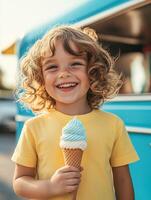 Joyful summer day as a child enjoys ice cream in front of a colorful truck photo