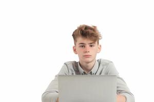 Teenage boy with IT skills sitting at desk, looking bored while working on laptop against a white background photo