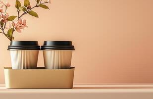 Two to-go coffee cups in a cardboard holder on a peach-colored background with a touch of spring floral elements photo
