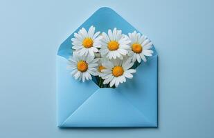 Fresh daisies in an open blue envelope create a charming flat lay display photo
