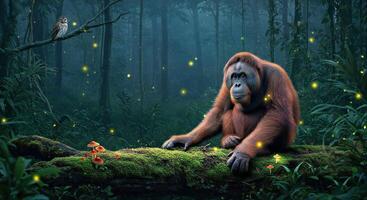 An orangutan sitting on a log in the forest with fireflies photo
