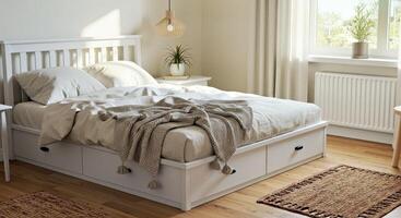 A bed with a white headboard photo