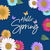 Hello Spring with colorful flowers on blue background vector