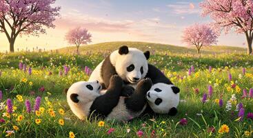 Two pandas are sitting on the grass with flowers photo