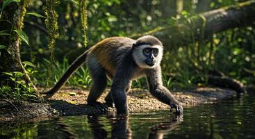 A monkey walking across the water in the forest photo