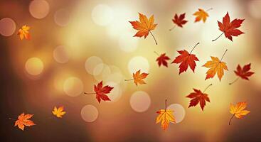 Autumn leaves flying in the air with a bokeh background photo