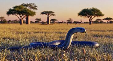 A snake is sitting in the grass in the middle of the day photo