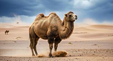 A camel is standing in the desert photo