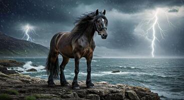 A horse standing on a rocky shore with lightning in the background photo