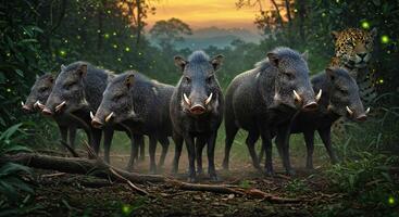 A group of warthogs and a leopard in the jungle photo