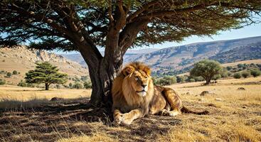 A lion is sitting under a tree in a field photo
