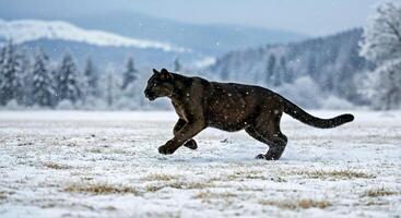 A black panther running across a snowy field photo